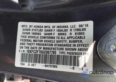 2016 Honda Civic Ex из США, поврежденный, VIN 19XFC2F76GE067785